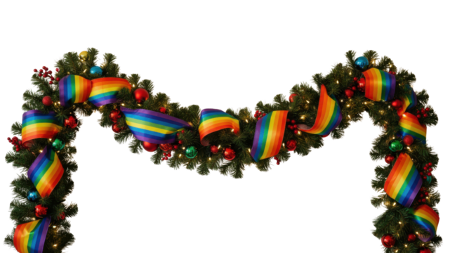 Christmas garland with rainbow ribbons and ornaments isolated on white background - Powered by Adobe