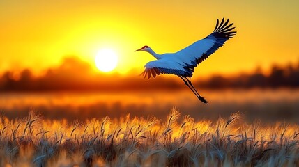 Obraz premium Bird flying over a field during sunset with warm colors in the sky and tall grass visible at the bottom