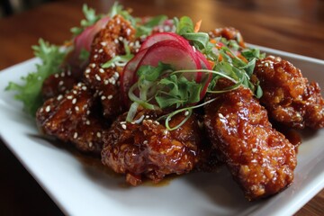 Crispy Korean Fried Chicken Wings with Sesame Seeds and Radish Garnish korean food asian cuisine