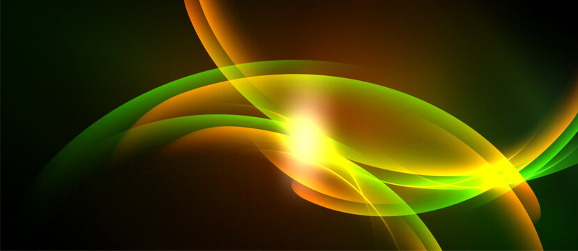 Abstract flowing lines, vibrant colors, bright center point. Dynamic composition creates energy, visual interest. Smooth gradients, dark background.