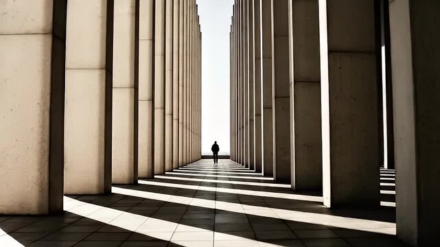 Solitary figure walks down a long colonnade of massive concrete pillars creating dramatic light and shadow patterns toward bright open sky