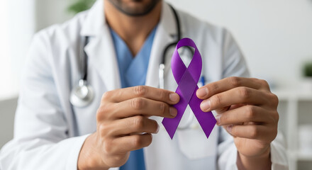 Holding epilepsy awareness ribbon for support during Epilepsy Awareness Month. Physician is displaying purple ribbon as epilepsy awareness symbol.