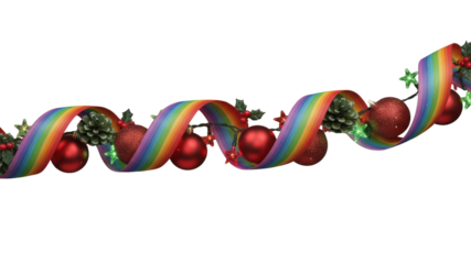 Christmas garland with red baubles, pine cones and rainbow ribbon isolated