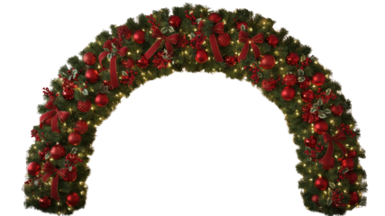 Christmas garland arch with red ornaments and lights isolated on white