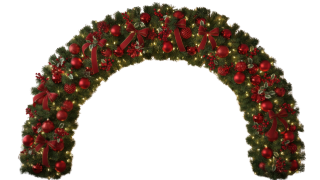 Christmas garland arch with red ornaments and lights isolated on white - Powered by Adobe