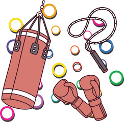 Vector illustration of boxing equipment with punching bag gloves and jump rope in colorful sporty design