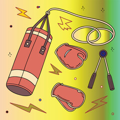 A collection of vector food icons, including fish, meat, and cheese, with an illustration of a pencil and a seamless cooking pattern design