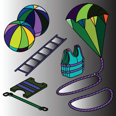 A set of vector summer icons illustrating beach and travel accessories like sun umbrellas, boats, and balls for your sea vacation design