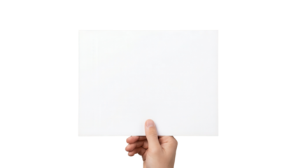 Hand holding blank white paper sheet isolated on white background
