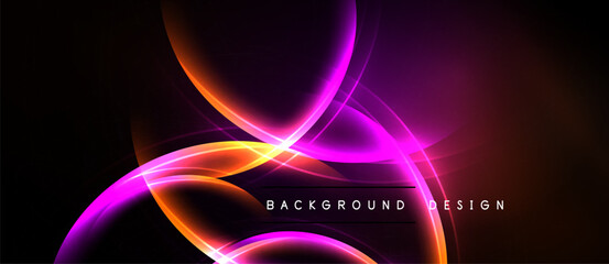 Abstract design features vibrant curves, orange, purple glows. Dark background emphasizes luminous energy, modern aesthetic.