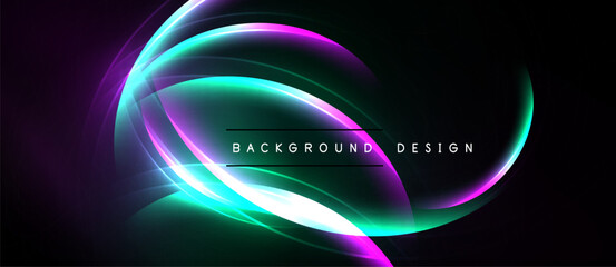 Abstract neon layers create dynamic oval shape. Dark background emphasizes vibrant purple, teal glow. Text reads background design.