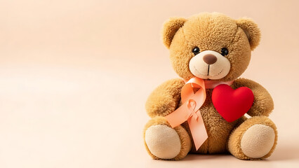Cute brown teddy bear with a red heart and a peach awareness ribbon on a beige background, symbolizing love, care, and support for causes