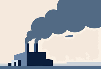 Obraz premium Flat illustration of a factory emitting dark smoke into the sky, stylized with muted blues and beige
