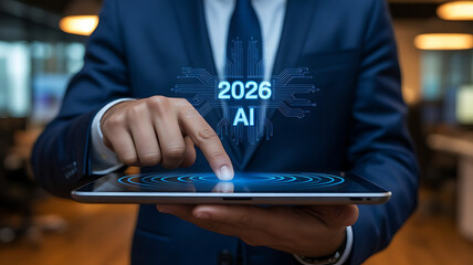 Businessman Using Tablet with 2026 AI Technology Concept