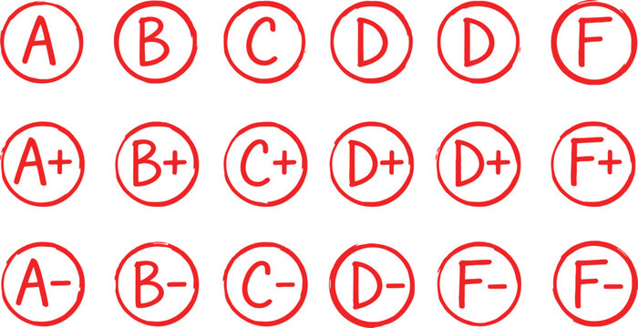 School grades in circles with red ink markings