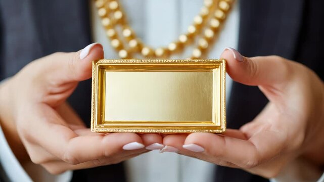 Close Up of Woman's Hands Holding Blank Golden Name Tag in Formal Attire with Golden Necklace