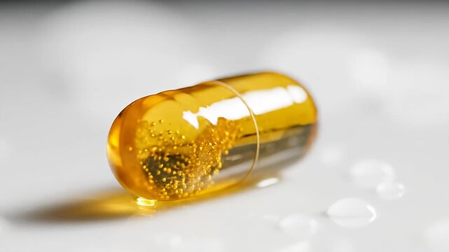 Close-up of a Golden Fish Oil Capsule on a White Surface.
