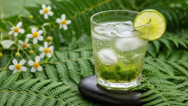 Refreshing Lime Drink On Ice With Green Leaves And Flowers - Powered by Adobe