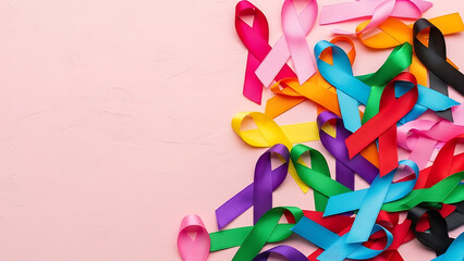 Vibrant Multi-Colored Awareness Ribbons on Pink Background Symbolizing Global Support, Hope, and Solidarity