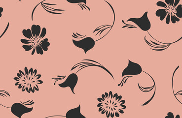 Delicate botanical silhouettes soft flowing floral seamless pattern. Elegant petal and flower art surface design.