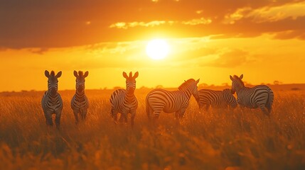 Group of zebras in a sun-drenched savanna at sunset with bright orange sky grassland photo