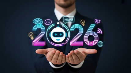 Businessman holding 2026 tech concept with AI robot and icons
