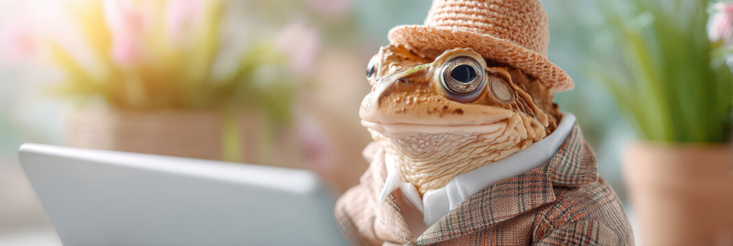 Funny background frog wearing hat and suit sitting at laptop in bright indoor garden scene with shallow depth of field and warm light