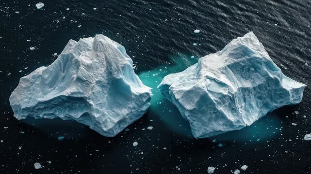 Two large ice blocks floating in the ocean. One is larger than the other. The water is dark blue