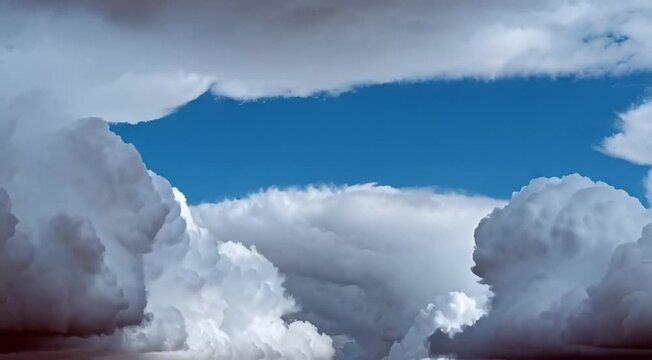 Majestic cumulus clouds create a dramatic frame around a clear blue sky, showcasing the powerful and serene beauty of nature's ever-changing aerial landscape