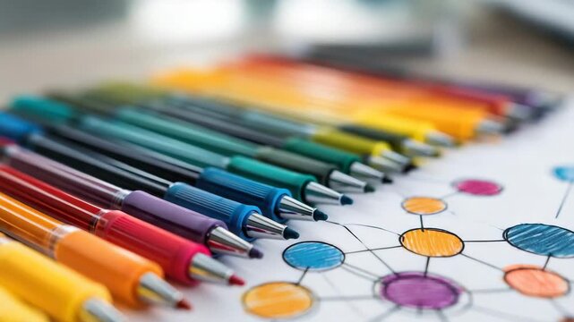 Close Up of Colorful Marker Set with Geometric Mind Map on White Paper Background