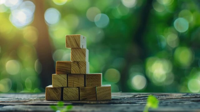 A stack of wooden blocks with a hand reaching up to the top. The blocks are arranged in a pyramid shape