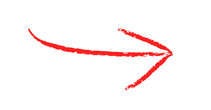 Hand-drawn Simple red arrow pointing to the right drawn with vector brush strokes chalk, graphic element isolated on transparent background