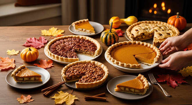Thanksgiving feast featuring assorted pies, prepared with apples, pumpkin, and spices, ready for Thanksgiving celebration.