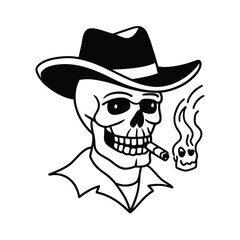 Cartoon vector illustration of a cowboy woman in a black western hat with a skull and gun, perfect for a Halloween costume