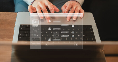 Woman hand typing on laptop computer using Ai chatbot interface searching on internet,Concept symbolizing artificial intelligence,virtual assistant,digital communication,advanced online technology