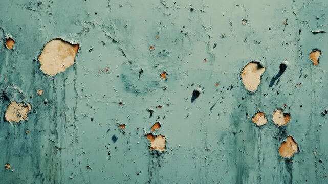 A wall with holes and paint splatters. The wall is blue. There are many holes in the wall