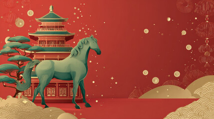 Flat vector Chinese New Year illustration with a stylized horse, pagoda, and lanterns on a festive red background for holiday greeting card.