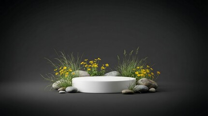 Nature's Podium: An elegant white pedestal is embraced by natural elements, including stones, and vibrant flora, creating a harmonious and aesthetically pleasing presentation space.
