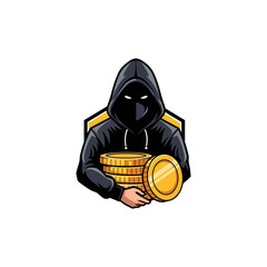 An illustration of a mysterious hooded figure wearing a mask, holding a stack of shiny gold coins, set against a shield emblem.