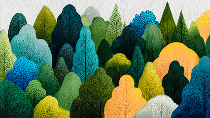 Papier peint avec arbres color&eacute;s, for&ecirc;t