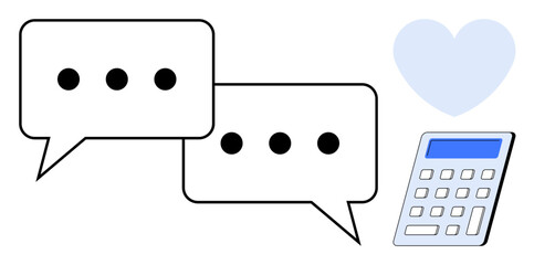 Communication, financial planning, love, digital tools, messaging apps, online services. Two chat bubbles, a calculator and a heart icon. Communication and financial planning concept