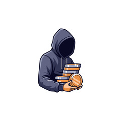 An anonymous figure in a dark hoodie holding a stack of shiny gold coins, symbolizing hidden wealth or digital currency.