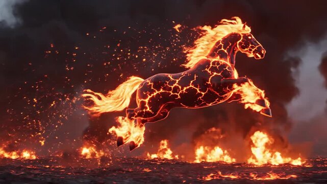 Majestic fiery horse emerging from volcanic landscape with glowing lava flows