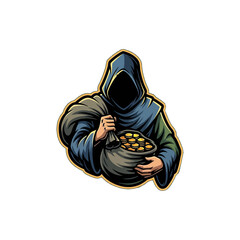 A hooded figure in dark robes carries a sack overflowing with gold coins.