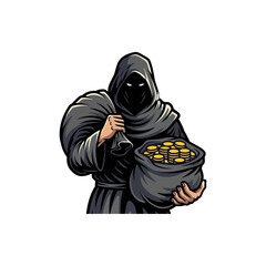 A mysterious hooded figure in a dark cloak holding a shimmering string of golden coins against a black background.
