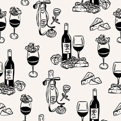 Whimsical line art retro wine party seamless pattern
