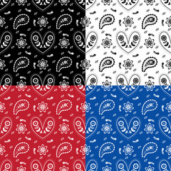 Four-Color Mini Paisley Seamless Pattern Set &ndash; Black, White, Red, Blue
