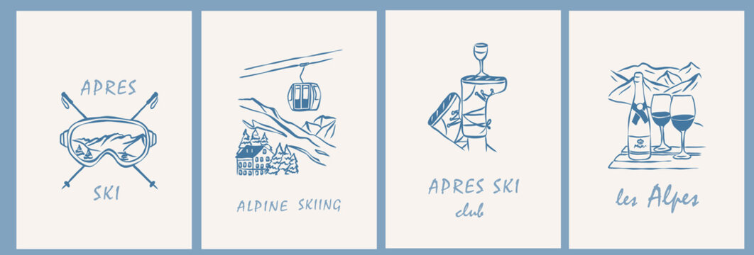 Line art vintage apres ski posters