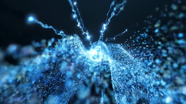 Abstract blue particle wave flowing with electric energy discharges and glowing light effects in a dynamic cinematic motion video.