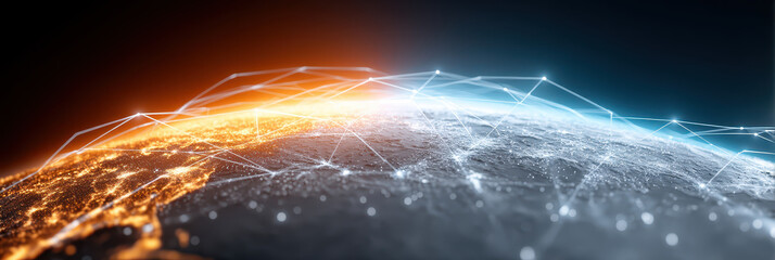 Global network connectivity digital technology earth planet data internet form luminous arc of connection across planet showing glowing nodes and lines linking cities dynamic futuristic scene full